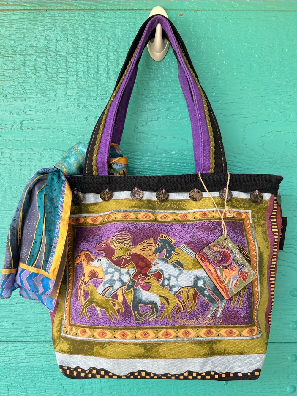 Laurel Burch Spirit of the Wild Horse Canvas Tote Bag Purple Green Sequin Accen